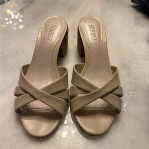 SCHUTZ Taupe Beige Crisscross Leather Mules with Woven Block Heel
